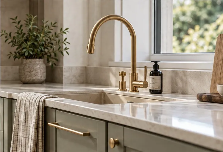 Kitchen sink and brass tap with warm neutral cabinetry