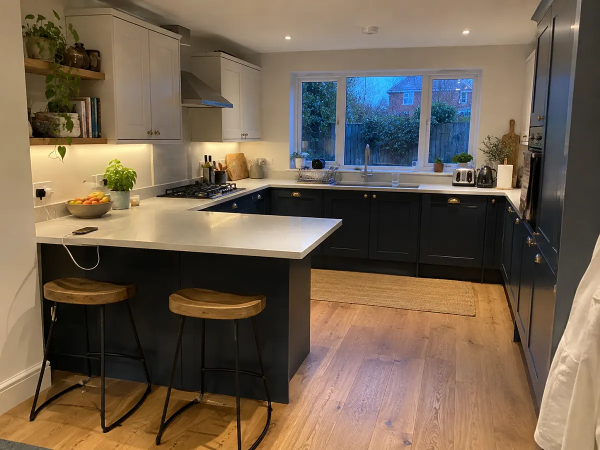 U-shaped kitchen with indigo shaker doors, brass knobs and a breakfast bar